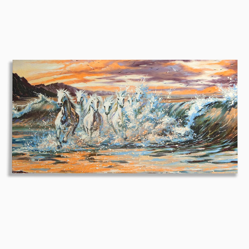 Tablou canvas cu tablou canvas cu cai galopand in valuri, fara rama, pe sasiu de lemn
